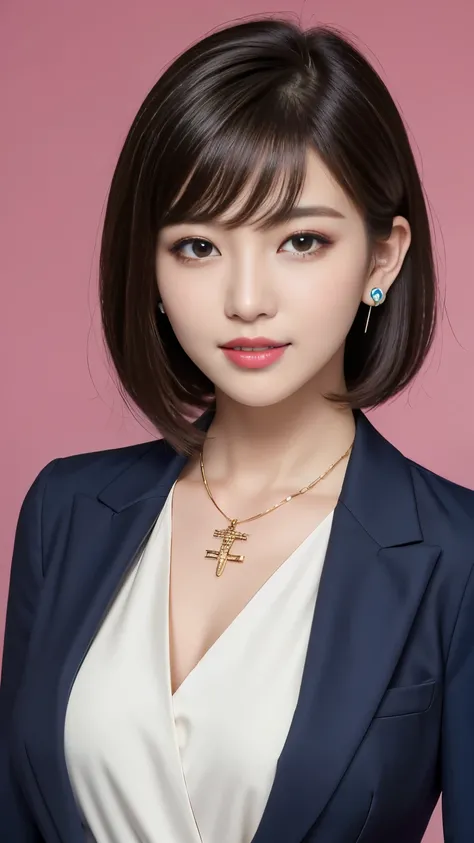 RAW Photos, High resolution, Very detailed, Intricate details, 、ear piercing、、short hair、Jet Black Hair、 DARK EYESHADOW 、 Office Lady Suits 、Necklace around the neck、, The background is the office
