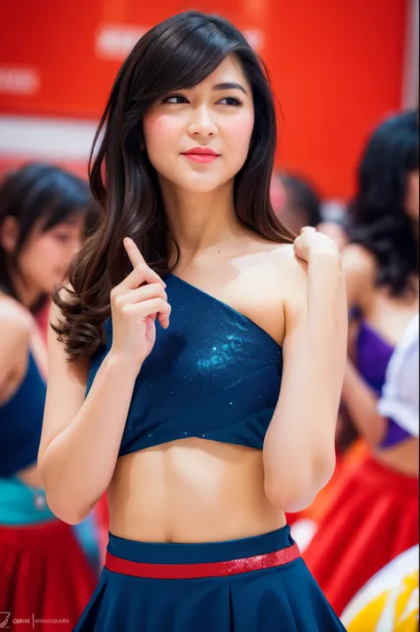 Red glitter cheerleader outfit), navel, red pencil skirt, chubby face, looking at camera, front view, black hair, long hair, bangs, (detailed face), at school hall, tempting pose, potrait body, mouth closed, black eyes, 1 girl, 20yo,Young female,Beautiful ...