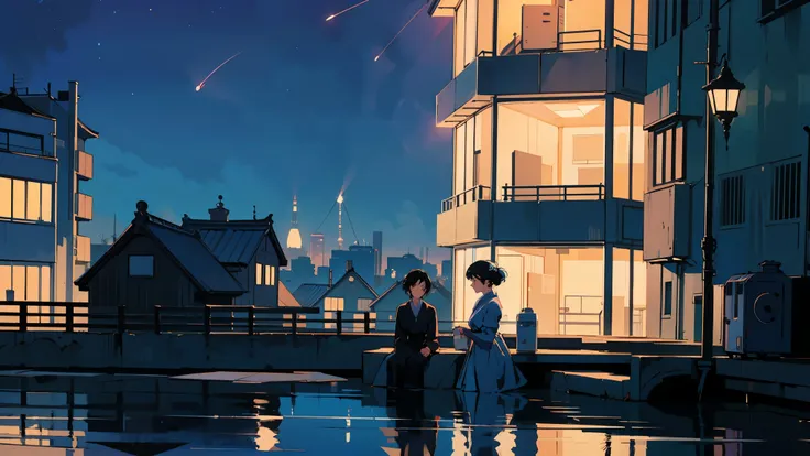 nostalgic 1980s night cityscape of Japan、to maintain a clean and uninterrupted beauty。9 aspect ratio、illuminated by warm yellow or blue light from a window。A large cylindrical fish tank is placed in a metal frame in the foreground、The rooftops of low-rise ...