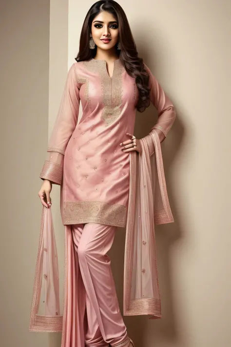 1woman, beautiful, alluring, cute face, detailed, smirk, masterpiece, full body shot, pink, salwar, kameez