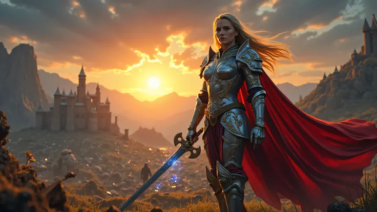 She wears a set of intricately crafted silver armor, adorned with golden engravings of mythical creatures and floral motifs. A flowing crimson cape billows behind her, adding a sense of movement and grandeur. In her right hand, she grips a gleaming longswo...