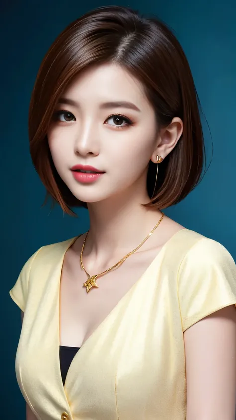 RAW Photos, High resolution, Very detailed, Intricate details, 、ear piercing、、short hair、 pale brown hair、 DARK EYESHADOW 、 Office Lady Suits 、Necklace around the neck、, The background is the office
