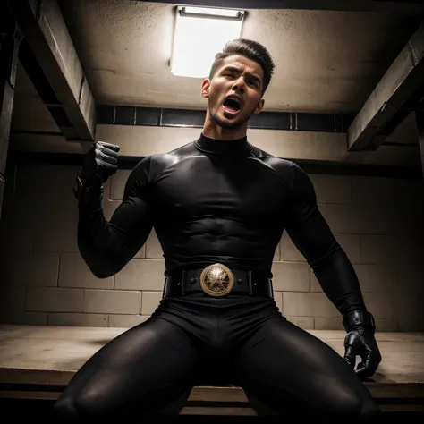 29 years old、handsome guy ,  1 man, black full body tights。 short hair short hair 、 basement、Interrogation room、A manly provocation　　 as seen from below。　 upper body up 　 Menacing look　　 black slim pants　　sit with legs open　　 black gloves　 championship bel...