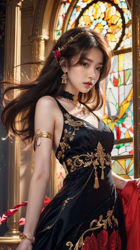 A stunning young woman with long, flowing ((deep purple hair)), adorned with red roses and golden hair ornaments. She has mesmerizing purple eyes, gazing directly into the camera with a confident yet gentle expression. Her delicate facial features are perf...