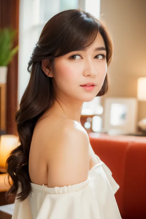 (Off-the-shoulder white dress), white pencil skirt, chubby face, looking at camera, front view, black hair, long hair, bangs, (detailed face), at livingroom, tempting pose, potrait body, mouth closed, black eyes, 1 girl, 20yo,Young female,Beautiful Finger,...