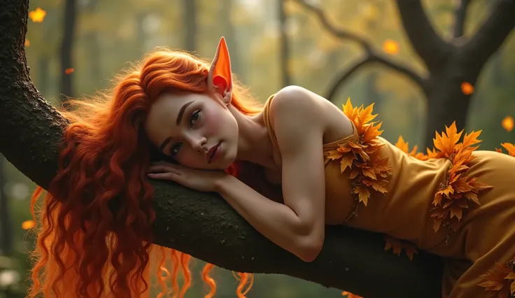hyper realistic,UHD,8k, a beautiful elf with small pointy ears and outfit made of autumn leaves,vines and moss,, laying on her belly on a branch and looking down on you,her red curly long hair hanging down,forest,serene,dreamlike, cinematic light,cinematic...