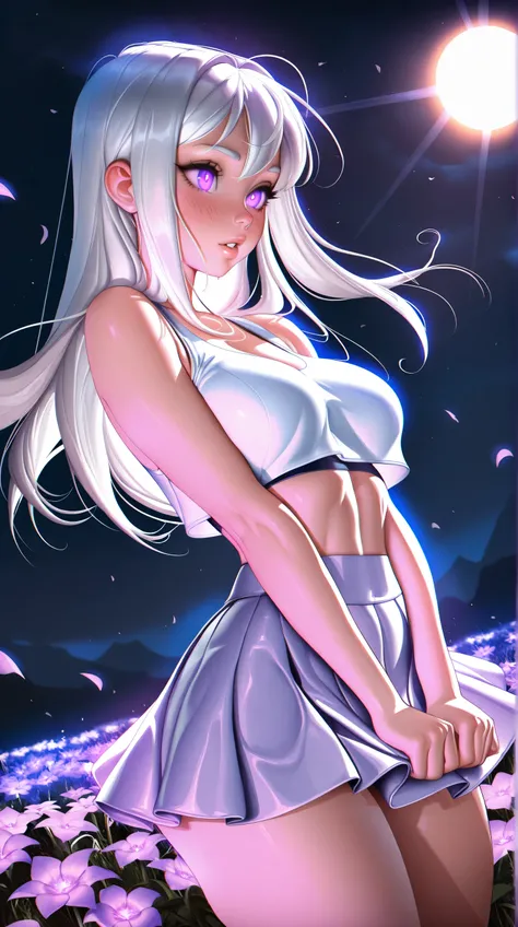 (TangoBat:0.7),(Sakimichan:0.7), 1girl, white hair, purple eyes, glowing eyes, crop top, skirt, parted lips, blush, night, flowers, sun, sunlight,masterpiece, best quality,absurdres