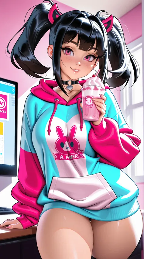 (TangoBat:0.7),(Sakimichan:0.7), A gamer girl with black and white long-twin tailed hair. She has pink eyes, Pastel hoodie, Pastel gamer bedroom background, Milkshake,masterpiece, best quality,absurdres 