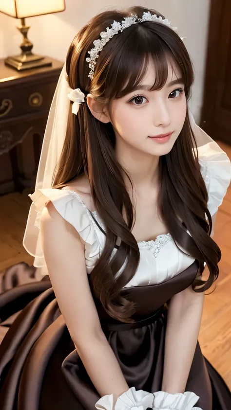 (((Top Quality))), (((Masterpiece))), (((Detail))), tall, looking at camera, face-to-face,  shiny dark brown silk satin ruffle girly empire length wedding dress, hands thrust forward, Japanese, brown hair, long hair, gorgeous room,. Gorgeous ribbon hair ac...