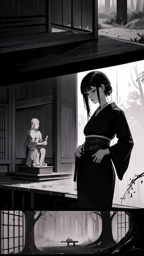 Best quality, ((masterpiece)), (detailed:1.4) moody twilight scene, a sad girl in a  deserted Japanese garden with dilapidated stone statues and overgrown ivy, a solitary figure in a traditional kimono gazing sorrowfully at a quiet koi pond, soft rain acce...