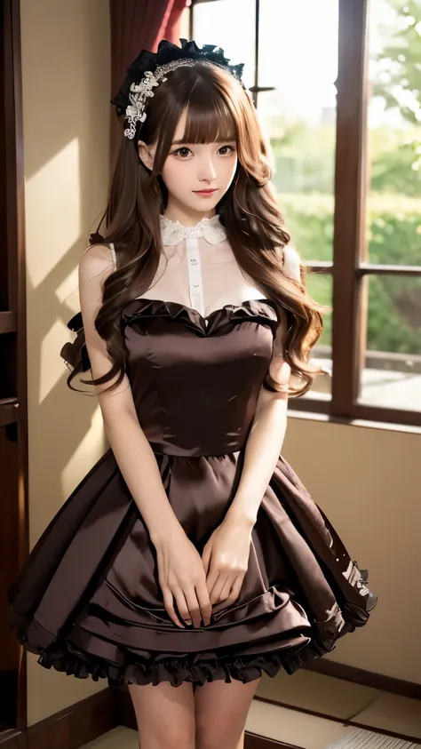 (((Top Quality))), (((Masterpiece))), (((Detail))), tall, looking at camera, face-to-face,  shiny dark brown silk satin ruffle girly empire length wedding dress, hands thrust forward, Japanese, brown hair, long hair, gorgeous room,. Gorgeous ribbon hair ac...