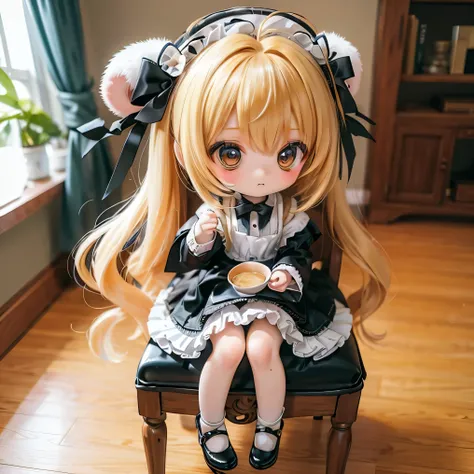 
         rabbit girl        、    chibi    、     young girl、        gothic lolita clothes、 sitting on a chair and drinking tea