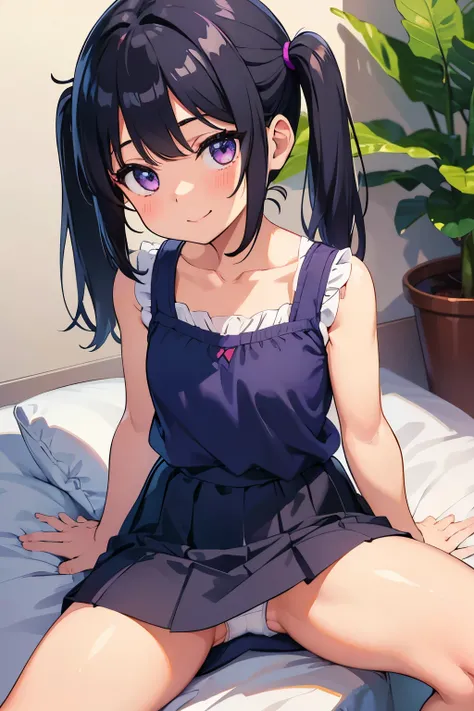 Elementary School Girl ８ Year Old  Flat Chest Black Hair Shorts Twin Tails Purple Eyes Smile （（One person）） upper body white sleeveless blouse lower body navy blue denim miniskirt white panties （（panties visible from directly behind）） White socks sitting o...