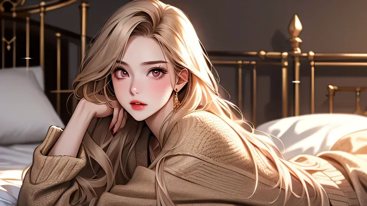 Modern, highest quality、High resolution、high quality images、8K, 1 female, golden eyes, Shiny latte colored long hair, loose cardigan, beautiful pink eyes, plump lips, detailed gorgeous face, (shocked, sad), charm, innocent, wide range shot, bed room