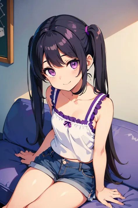 Elementary School Girl ８ Year Old  Flat Chest Black Hair Shorts Twin Tails Purple Eyes Smile （（One person）） upper body white sleeveless blouse lower body navy blue denim miniskirt white panties （（panties visible from directly behind）） white socks sitting o...