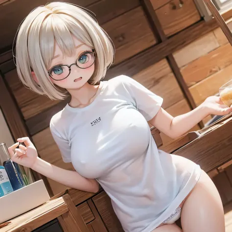 blondes,((((         squishy white t-shirt and panties)))) Schoolyard 、     no    .(  Made with top quality straw,4K,8k,   HD,    masterpiece:1.2) Bob、my nipples are erect   、 : :        perfect glasses        、(((((     Super Big Breasts  )))))stand、