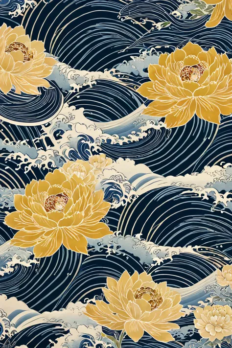 A balanced Japanese textile design featuring golden peony flowers and repeating, structured wave patterns.