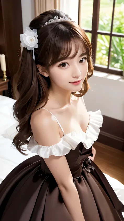 (((Top Quality))), (((Masterpiece))), (((Detail))), tall, looking at camera, face-to-face,  shiny dark brown silk satin ruffle girly empire length wedding dress, hands thrust forward, Japanese, brown hair, long hair, gorgeous room,. Gorgeous ribbon hair ac...