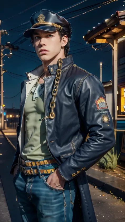 (masterpiece, best quality:1.2),, cowboy shot, solo, male focus, 1boy, kujo jotaro, muscular male, serious, closed mouth, looking at viewer, hands in pockets, hat, green eyes, school uniform, gakuran, long coat, jewelry, earrings, chain 