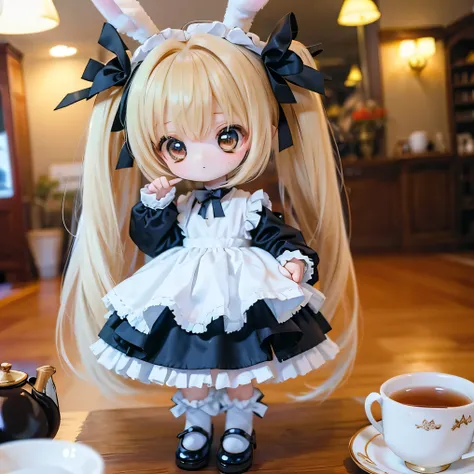 
         rabbit girl        、    chibi    、     young girl、       Tea in a tea room in gothic lolita clothes