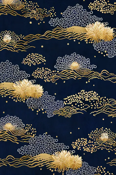 A symmetrical seigaiha (wave) pattern with evenly distributed chrysanthemums and gold leaf accents on a dark blue background.