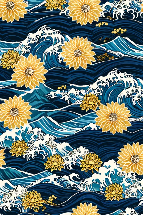 A seamless, evenly spaced pattern of chrysanthemum flowers and traditional seigaiha (ocean wave) motifs in gold and blue.