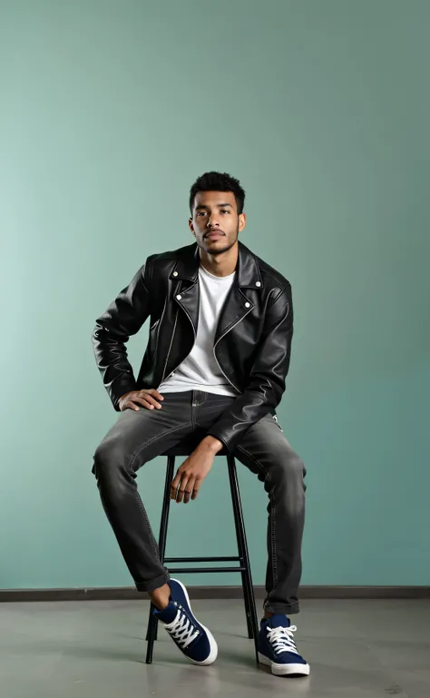 A young adult male, likely in his late s or early twenties, of dark complexion, is seated on a black metal bar stool. He is wearing a black leather jacket, a white t-shirt, and dark-wash blue jeans.  He is wearing dark blue canvas high-top sneakers with wh...