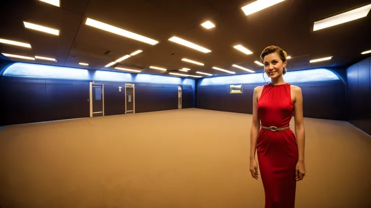 A beautiful girls from 1950 style standing in a spaceship hall 