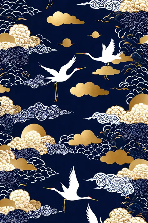 A modern take on Japanese patterns with sakura petals, gold clouds, and stylized cranes in deep blue and white.