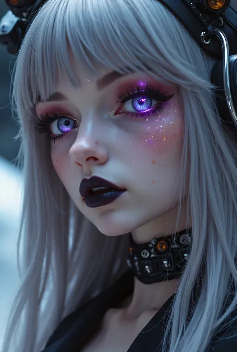 Close-up of an improved masterpiece:1.5)0.9], ( Space and astronauts :1.2) (Long silver hair with bangs and black at the ends:1.1) ( Heterochromia: Xanthochromia and purple eyes:1.2)  (A radiant glow:1.1) (black lips:0.9) Bare and big breasts, Sexy Gothic 