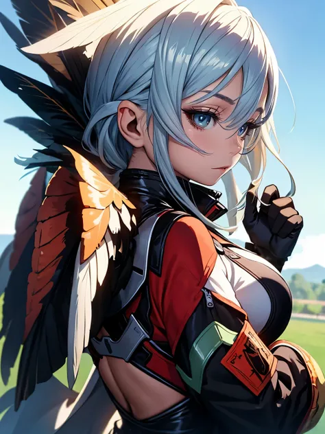 ((Seductive anime lady:1.3, solo:1.5))、((fusion of craw and lady:1.4))、((full body:1.2))、((Winged On the back:1.5))、((feather clothes:1.5))、((dynamic angle:1.2))、((Flying:1.5))、((blue sky background:1.5))、looking down at viewer、((elaborate eyes:1.2))、((ela...