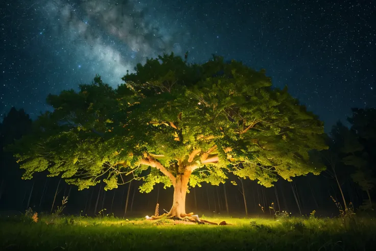 Mysterious，Blinking Light ，digital art，starry sky，1 big tree，night，Calming images，wonder，Healing Effects，Lots of light pouring down from tree branches， Otherworld，Mysterious flowers，Wonderful images，A tree with lots of branches，therapies， Green Leaves ，war...