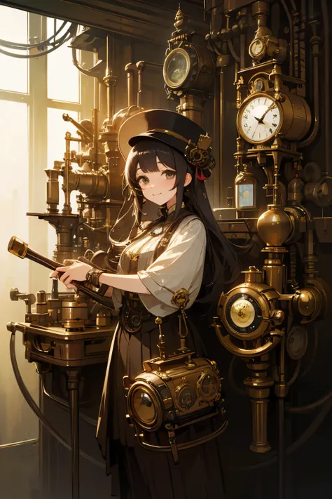 (Highest quality:1.2)。steampunk。 one woman。Steampunk scientist。see the viewer。 Smile。The background is a texture composed of pipes 、 valve handle、Instruments、clock、Glass tube、texture composed of cranks。