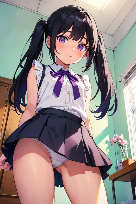 Elementary School Girl ８ Year Old  Flat Chest Black Hair Shorts Twin Tails Purple Eyes Smile （（One person）） upper body white sleeveless blouse lower body white panties （（panties visible from directly behind）） Dynamic angle low angle standing backwards in f...