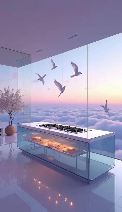 A kitchen floating in the sky, with completely transparent walls revealing a magical view of the moving clouds beneath the horizon. The kitchen island is completely transparent and houses a modern stove, where the soft flame can be seen reflecting its glow...