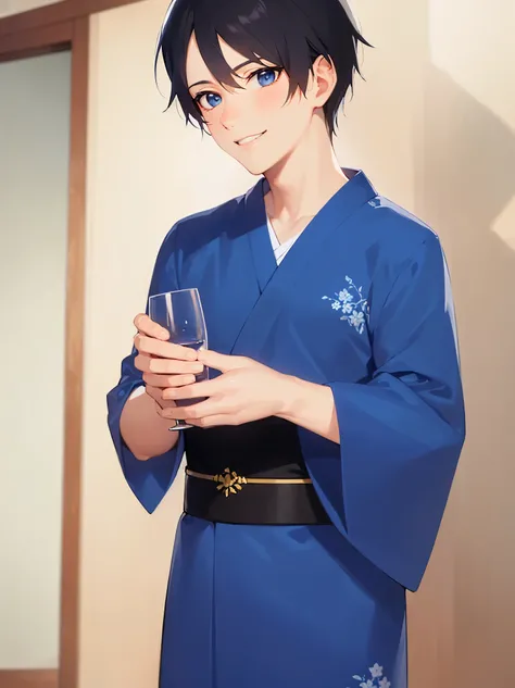 (looking away:1.5),Japanese manga style,shiny skin,Masterpiece, top quality,(28 year old male: 1.5) and (short black hair) and (blue eyes),BREAK(blue) and (yukata)BREAK,(smile),The background is a room in a hotel,cowboy shot,(alone:1.5),Holding a glass in ...