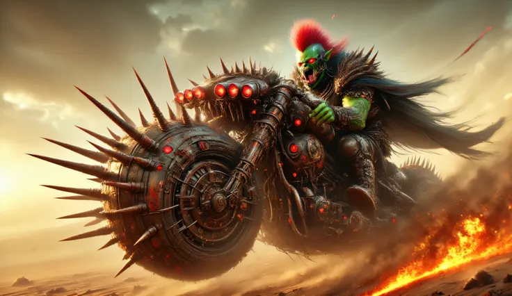 A green cyborg Orc driving a big creepy rusty motorcycle with red elements. He wears a red mohawk on his head. A motorcycle with blades. The large orc has motorcycle glasses and a long black cape with painted flames. The orc screams with joy. He's driving ...