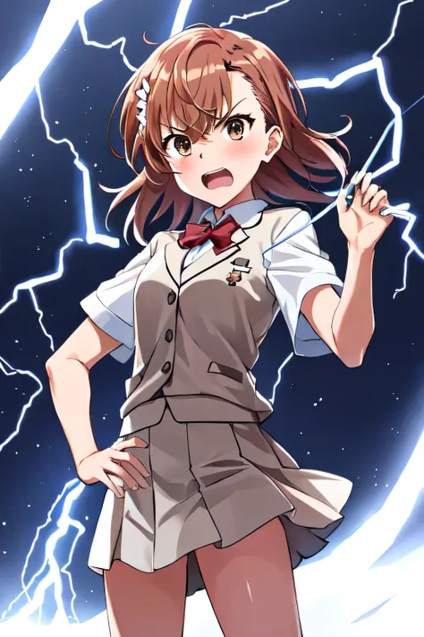 1girl:1.2, Misaka Mikoto, tokiwadai school uniform, cowboy shoot, focus face, gazing to viewer, face shoot, slightly angry, blush, shouting:1.5, hiding her embarrassment, Launch electirc light to viewer, opened mouth, street:1.2, electricity light around h...