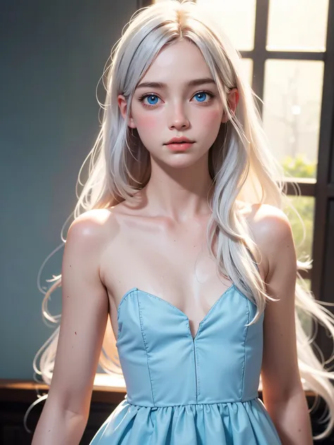 (best quality), 1girl, female, pale skin, white hair, long hair, swept bangs, straight hair, blue eyes, perfect eyes, a_line_dress, petite, skinny body, flat chest, blush, masterpiece, anatomically correct, highres
