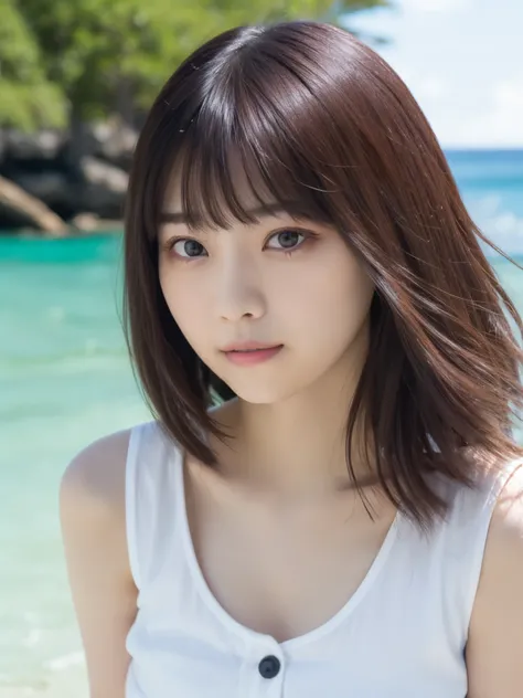 Greatest Masterpiece 、 Highest quality , Ultra High Definition、tight white tank top made of ribbed material with buttons on the front、break、dark red micro miniskirt、break、1beautiful Japanese girls are standing at the edge of the waves、big breasts、 Chest V...