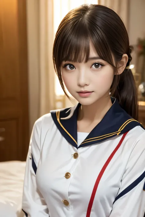 one girl, (A beauty girl, Delicate girl:1.3), (, Gal:1.3),
break, (Sailor suit uniform:1.3),
break, (Open Button:1.3),
break, Very fine grain definition, (Symmetrical eyes:1.3),
break, (bedroom:1.2),
break, Large Breasts, Brown eyes, Parted bangs, Brown Ha...