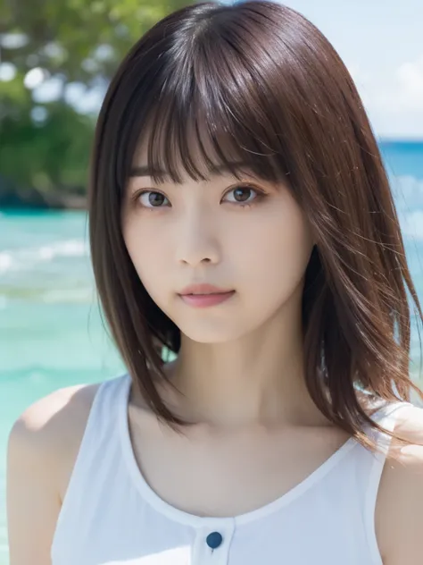 Greatest Masterpiece 、 Highest quality , Ultra High Definition、tight white tank top made of ribbed material with buttons on the front、break、light grey micro miniskirt、break、1beautiful Japanese girls are standing at the edge of the waves、big breasts、 Chest...