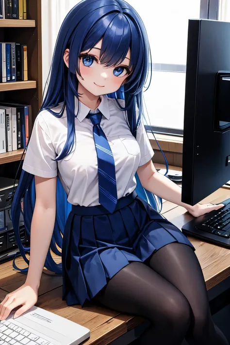 royal blue hair, long hair, straight hair, (light people eyes), smile, medium breasts, white t-shirt, black necktie, ((blue pleated skirt)), (black leggings), sit, Using a computer, office