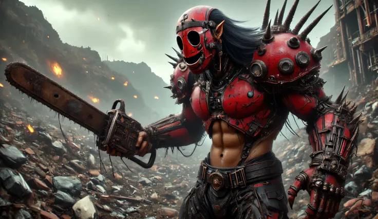 A large red cyborg orc with two mechanical arms. He's holding a big rusty chainsaw. The orc's face is hidden by a welding mask. A closed mask with black patterns. The eyes of the mask resemble round welding glasses. He has long black hair. He has a bare to...