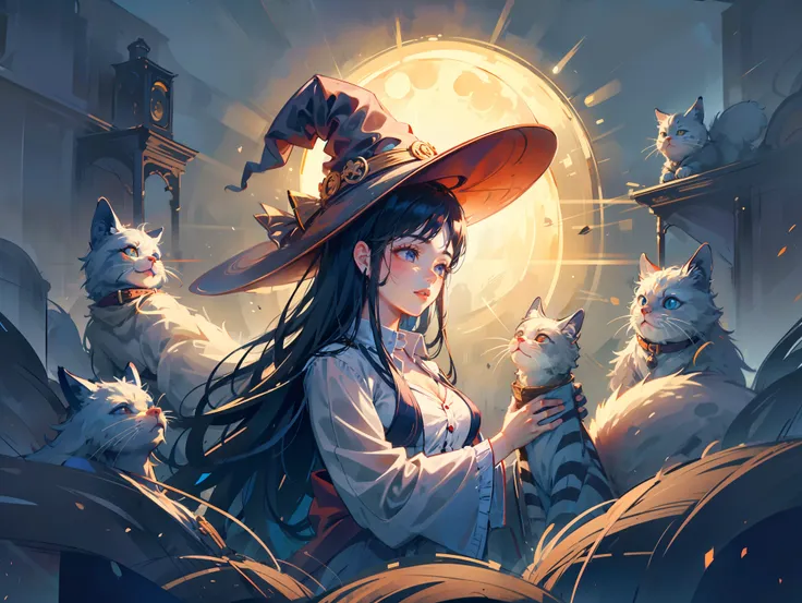 A very beautiful witch、Multiple very large cats、Witch&#39;s Familiar Cat、The witch is diligently hitting the cat、The cat is standing upright on two legs、Cats are very eerie、A group of bakeneko、On a night when the moon is beautiful, I'm alone in the forest,...