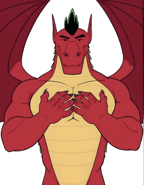 j4k3, dragon boy, black eyes, red body, wings spread, big wings, standing proud, looking at viewer, white background, simple background, high quality, strong chest, wide shoulders, muscular, proud, strong, (touching own chest, touching chest), half body, c...