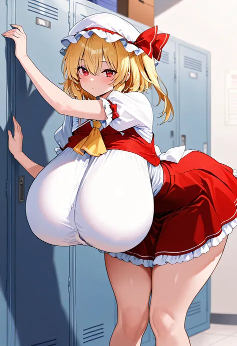  masterpiece, best quality , ultra detail, source , anime style, 1 girl, with a young face ,  Flandor Scarlet, White headdress, White fluffy sleeves,　White sleeves,  Short Sleeve,  Red Vest,  yellow ascot,  red skirt,  ruffle skirt that will break your thi...