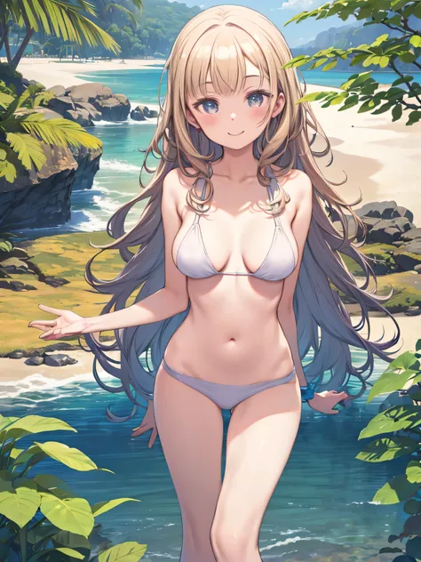 ((A woman who hid her body with plants))、naked、 naked、 upper body、belly button、thigh gap、smiles、blush、uninhabited island、 beach、 Gold、wavy hair、Big Breasts、
