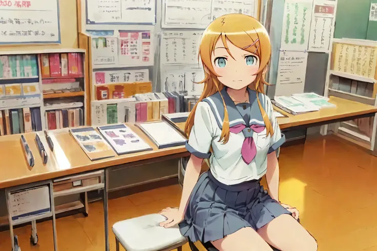 Kirino Takasaka,aakirino , long hair, hairclip, school uniform, grey sailor collar, purple neckerchief, white shirt, short sleeves, pleated skirt, grey skirt