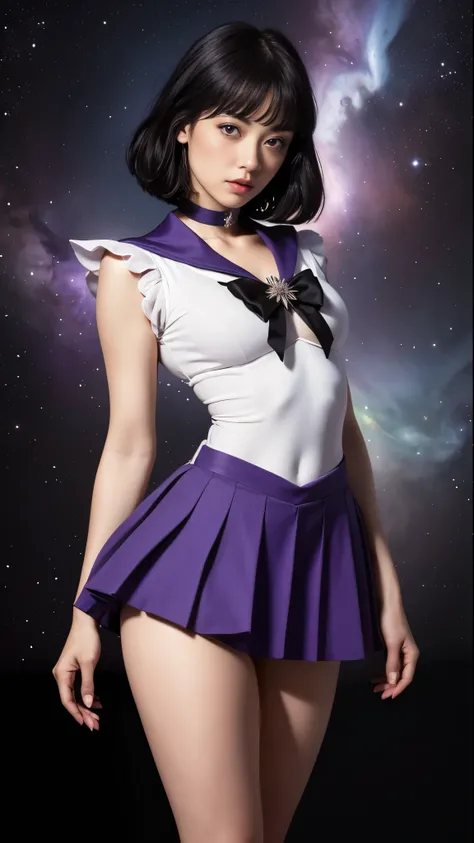 ( masterpiece, Highest quality:1.4), (  nebula background ), (  full body shot ), (sexy pose:1.5), one girl,  alone, ( European Youth :1),   Sailor Saturn, tiara,  sailor warrior uniform, purple sailor color, pleated skirt,  elbow pocket ,   jewelry,  Blog...